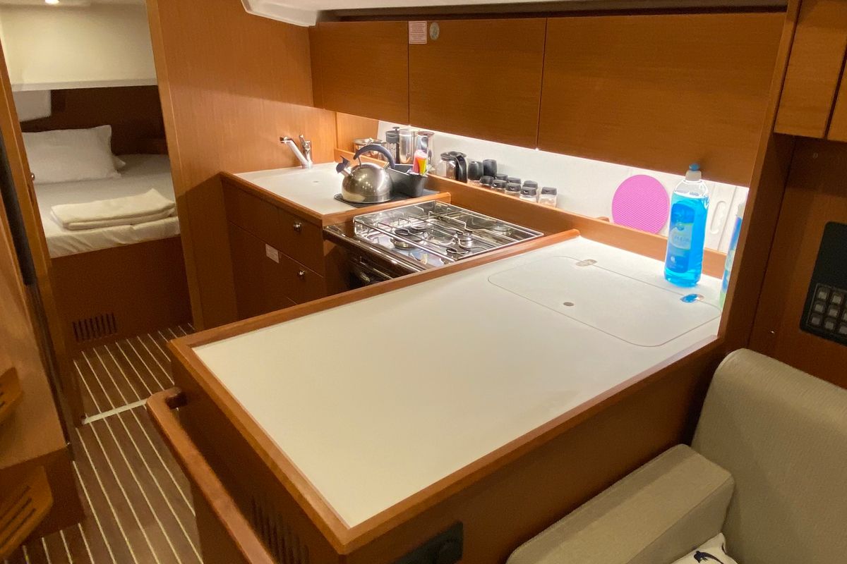 Galley of Luna 3, a Bavaria C38 sailboat at Fethiye, Turkey