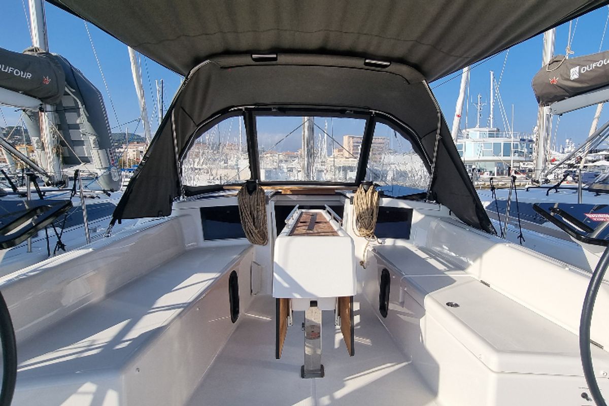 Cockpit of Epicure, a Dufour 37 sailboat at Vallauris, France