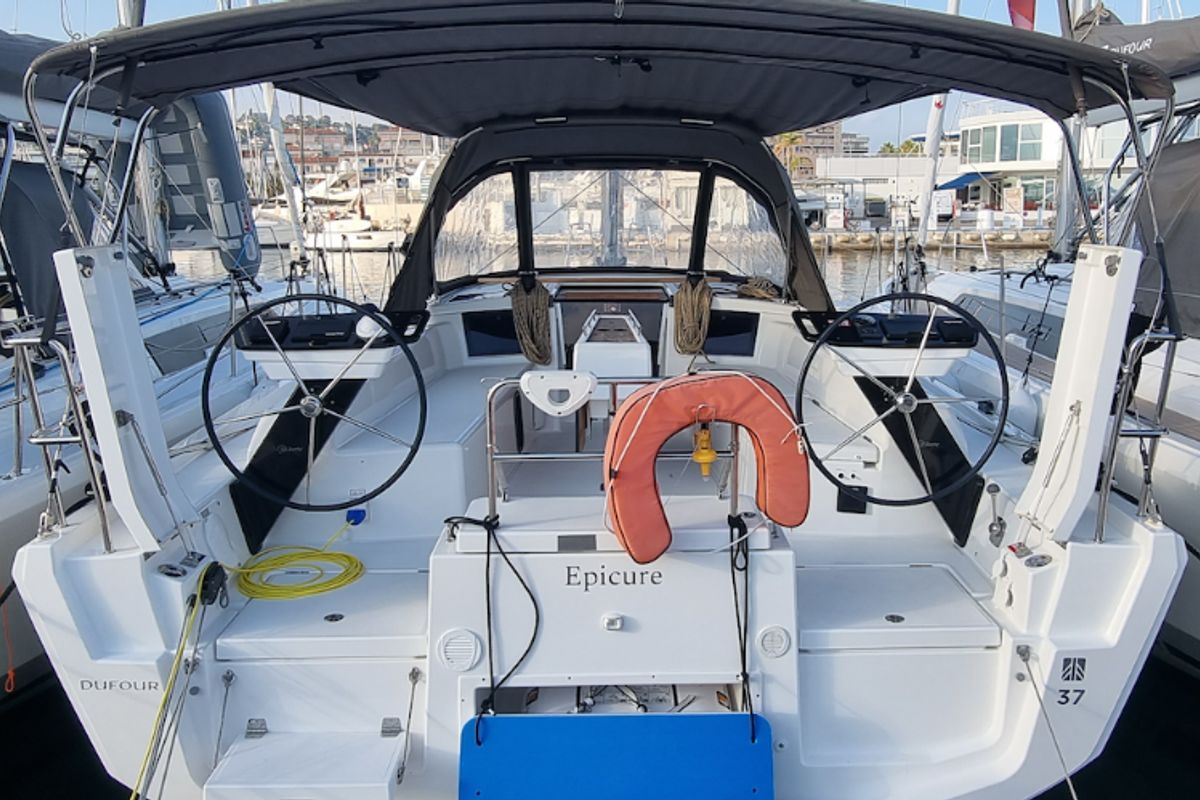 Cockpit of Epicure, a Dufour 37 sailboat at Vallauris, France
