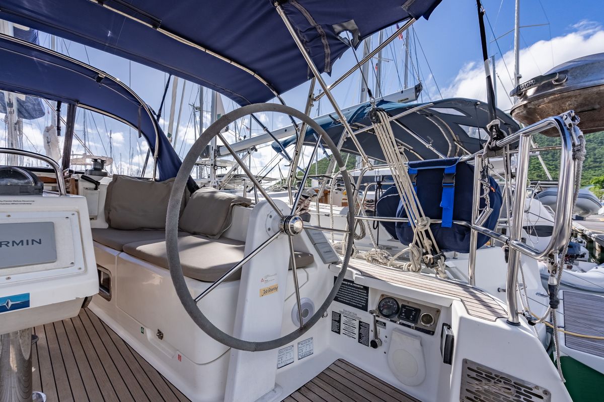 Cockpit of Jitterbug, a Bavaria 37 sailboat at Road Town, British Virgin Islands