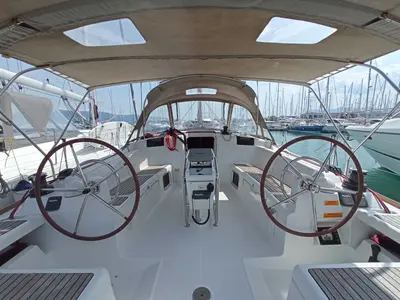 Cockpit of Blue Swan, a Jeanneau Sun Odyssey 439 sailboat at Municipal Unit of Lefkada, Greece