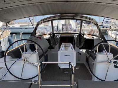 Cockpit of Abraxan, a Dufour 460 GL sailboat at Olbia, Italy