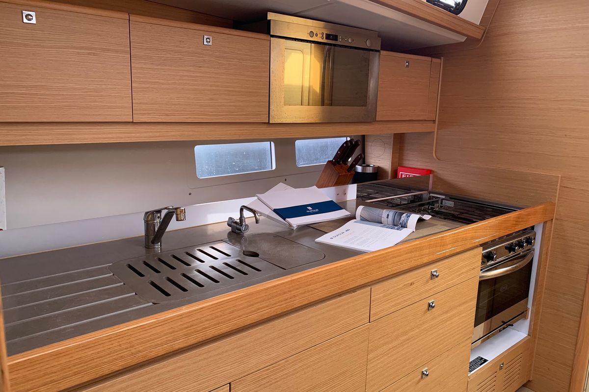 Galley of Abraxan, a Dufour 460 GL sailboat at Olbia, Italy