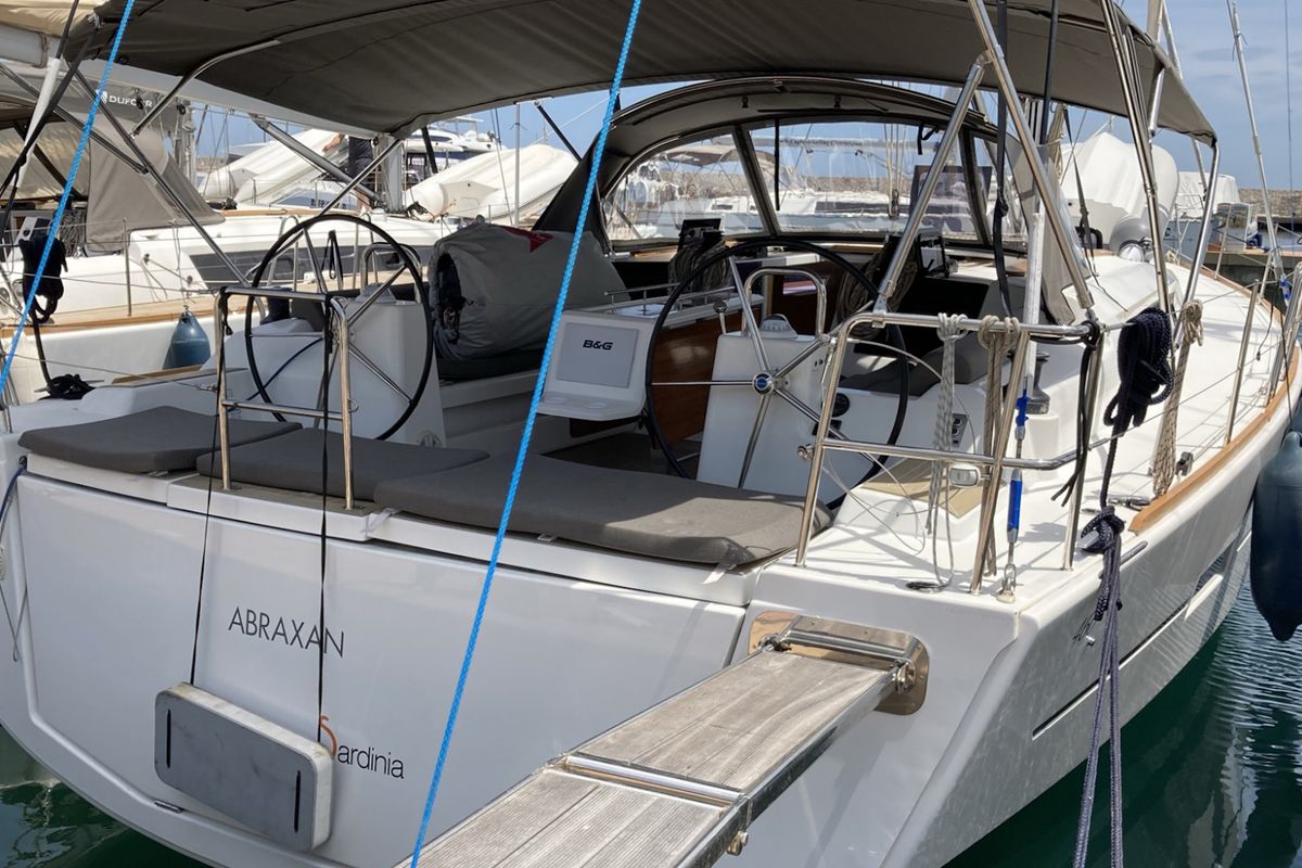 Exterior view of Abraxan, a Dufour 460 GL sailboat at Olbia, Italy