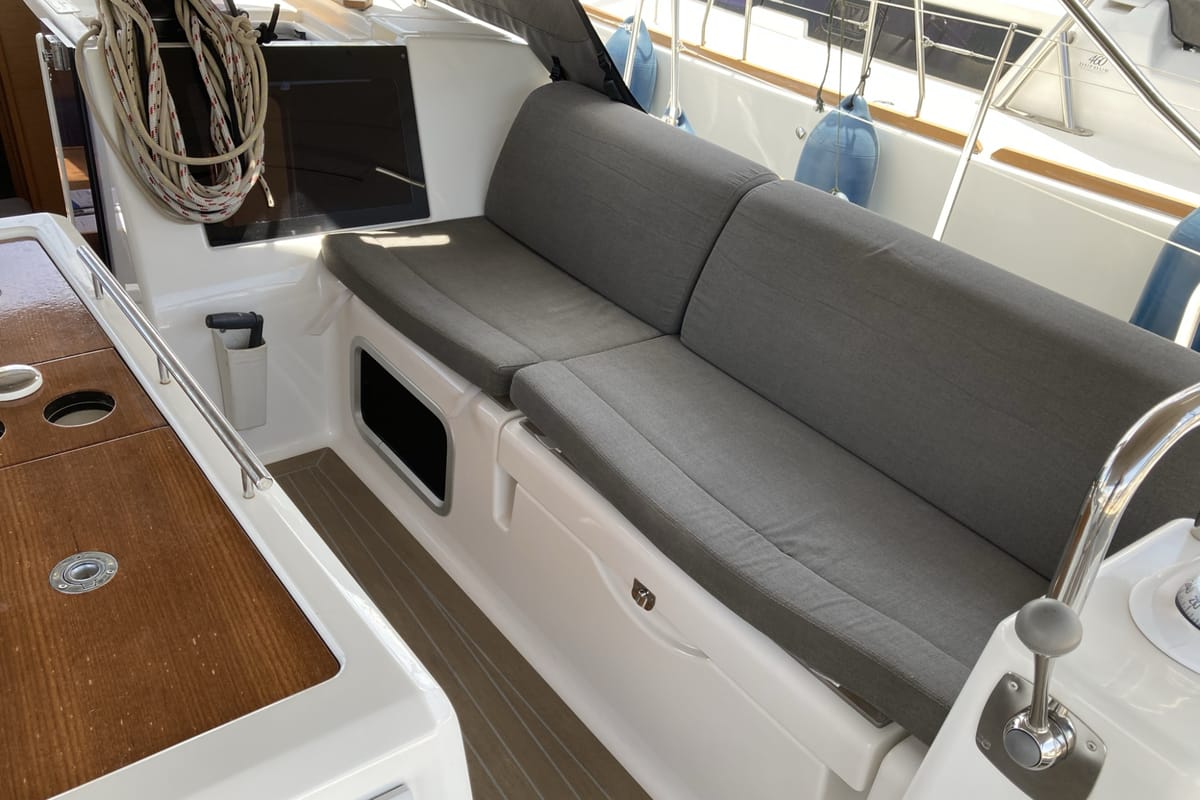 Deck of Abraxan, a Dufour 460 GL sailboat at Olbia, Italy