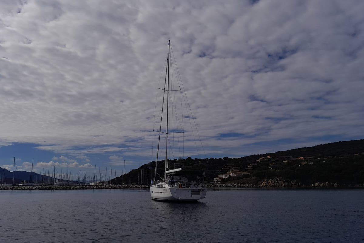 Exterior view of Abraxan, a Dufour 460 GL sailboat at Olbia, Italy