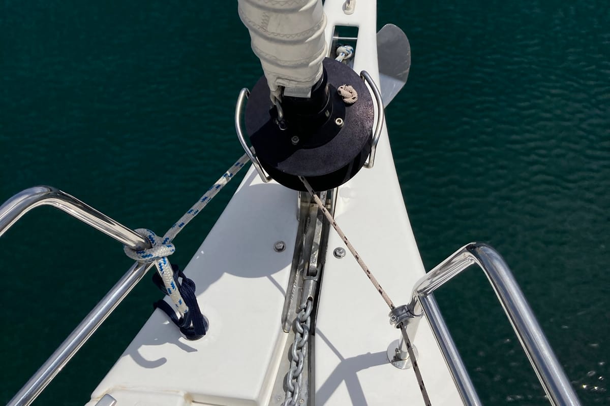 Deck of Abraxan, a Dufour 460 GL sailboat at Olbia, Italy