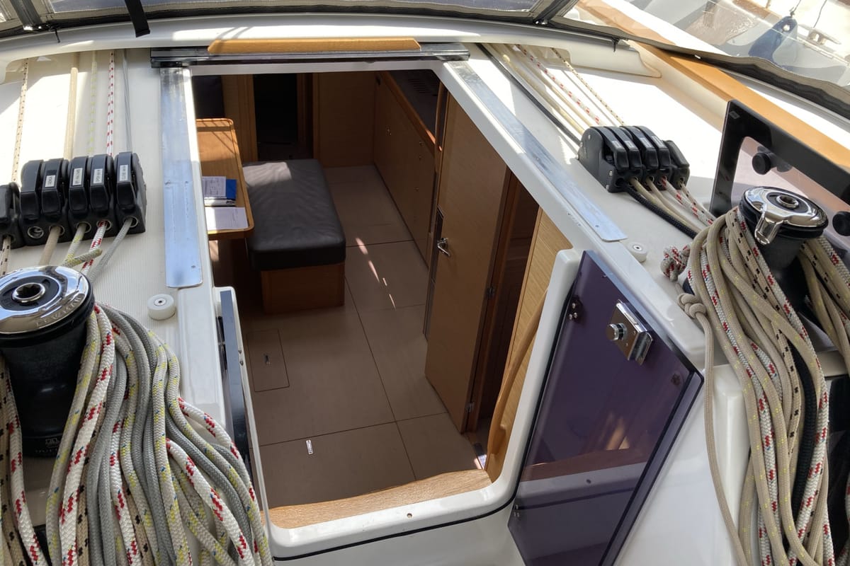 Deck of Abraxan, a Dufour 460 GL sailboat at Olbia, Italy