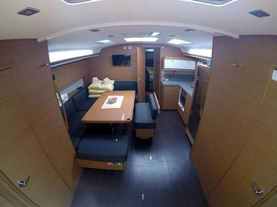 Salon of Dimitra, a Dufour 470 sailboat at Tourlos, Greece