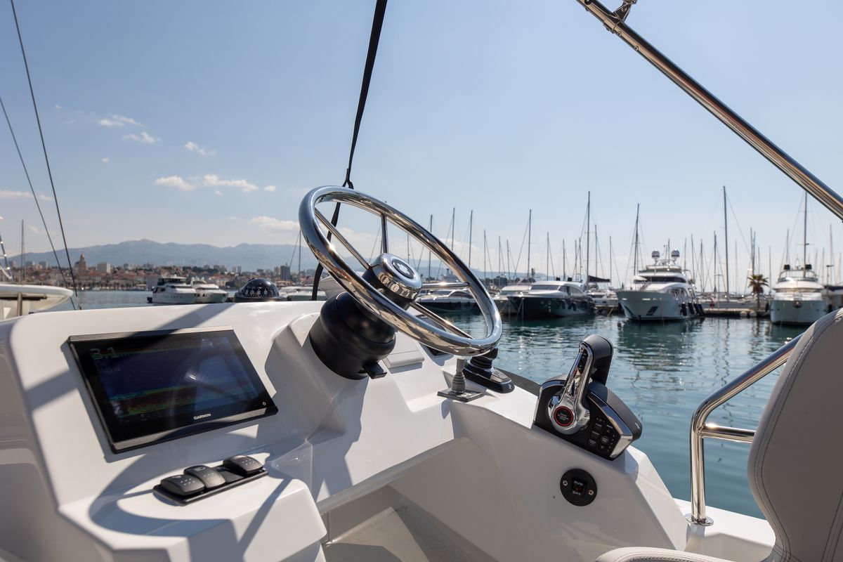 Cockpit of DESIRE, a Beneteau Antares 11 Fly OB motorboat at Split, Croatia