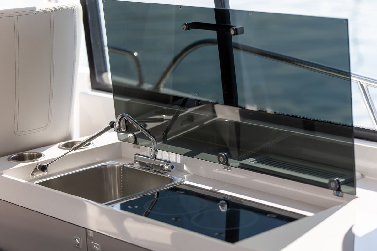Deck of DESIRE, a Beneteau Antares 11 Fly OB motorboat at Split, Croatia