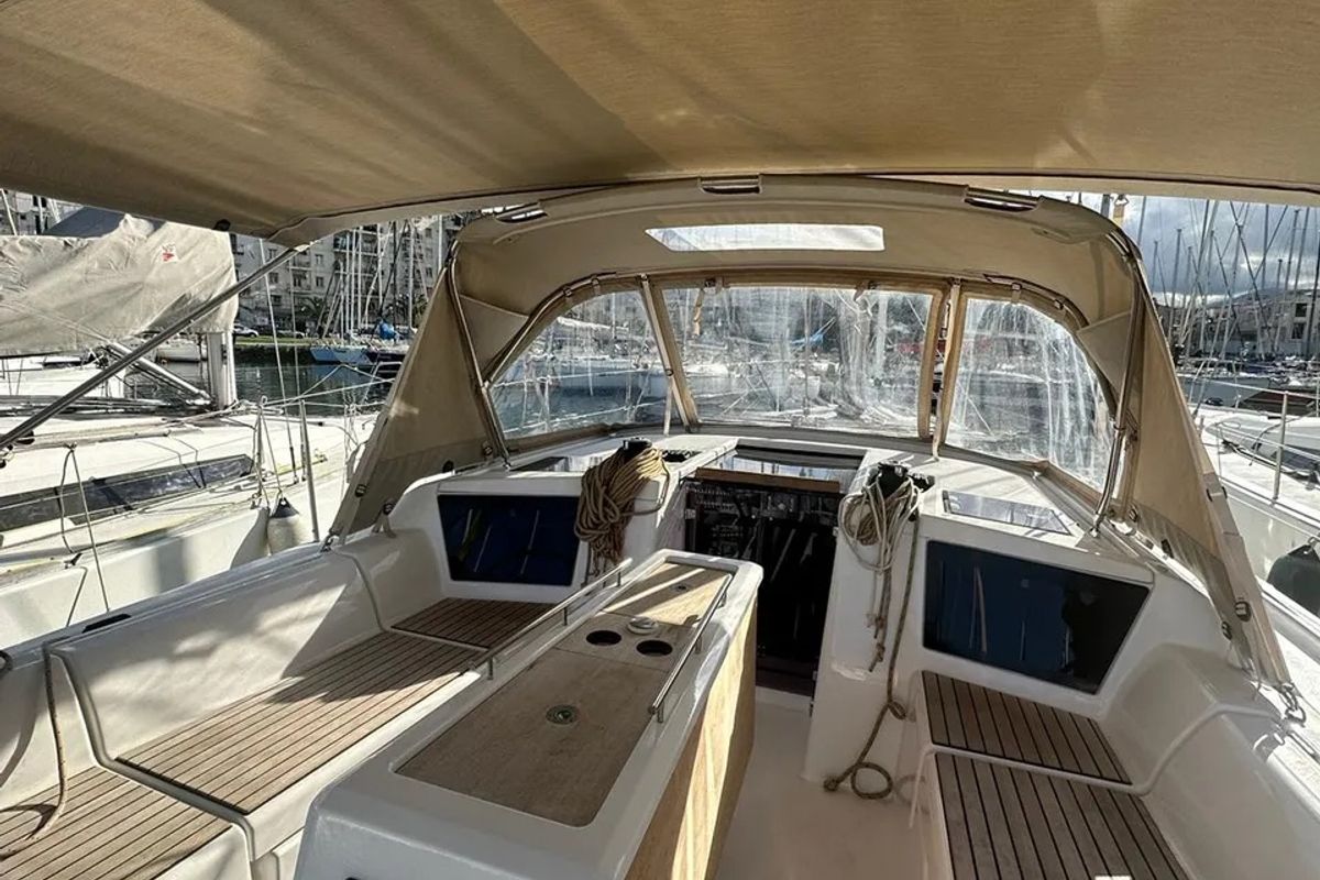 Deck of Special One, a Dufour 390 sailboat at Cagliari, Italy