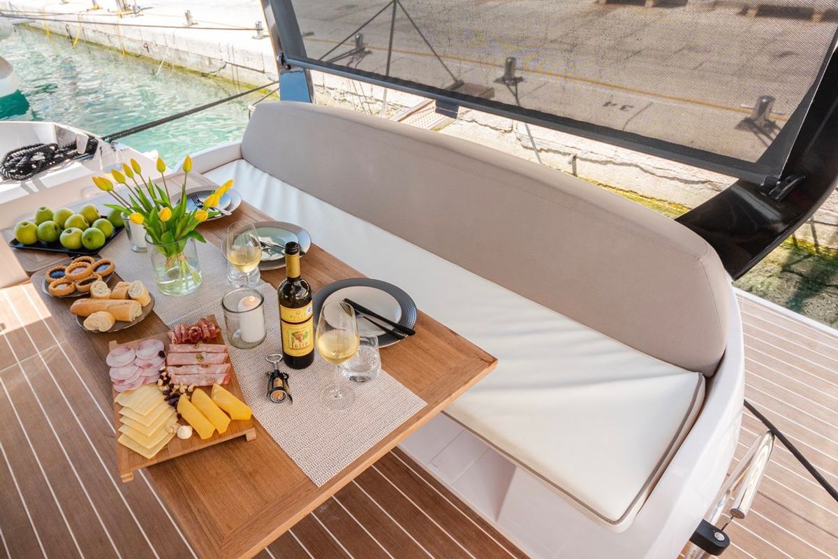 Deck of Stardust, a Sessa Marine Sessa Fly 47 yacht at Općina Sukošan, Croatia