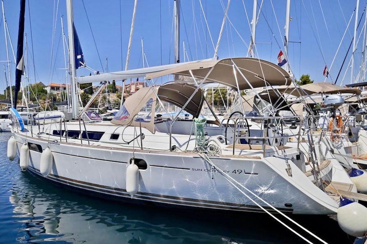 Exterior view of Skazka, a Jeanneau Sun Odyssey 49i sailboat at Grad Šibenik, Croatia