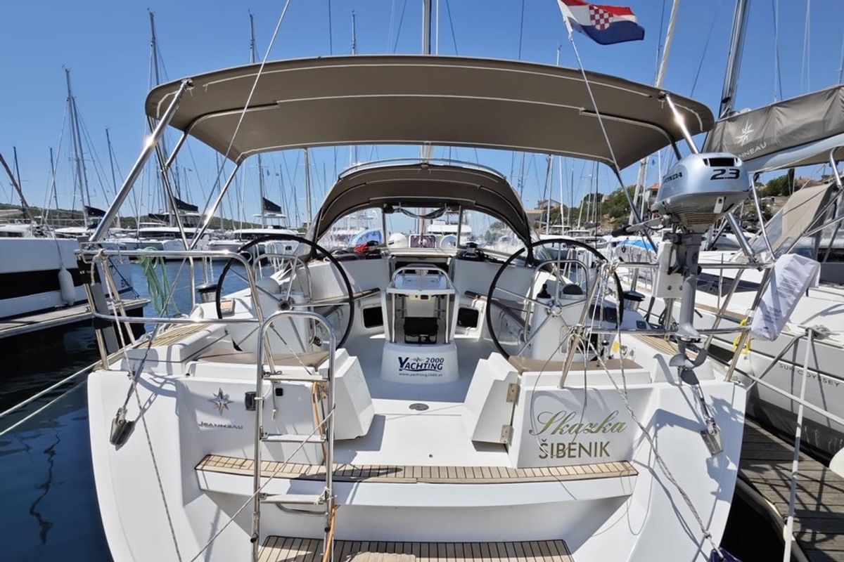 Cockpit of Skazka, a Jeanneau Sun Odyssey 49i sailboat at Grad Šibenik, Croatia