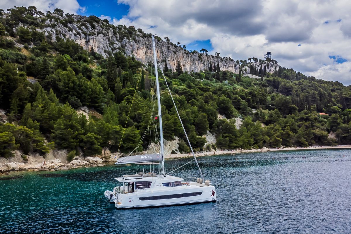 Exterior view of C'est la vie, a Bali 4.6 catamaran at Grad Kaštela, Croatia