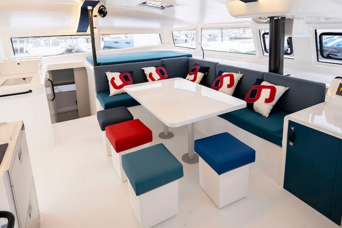 Salon of Avel Vaez, a Marsaudon Composites ORC 57 catamaran at Lavreotiki Municipal Unit, Greece