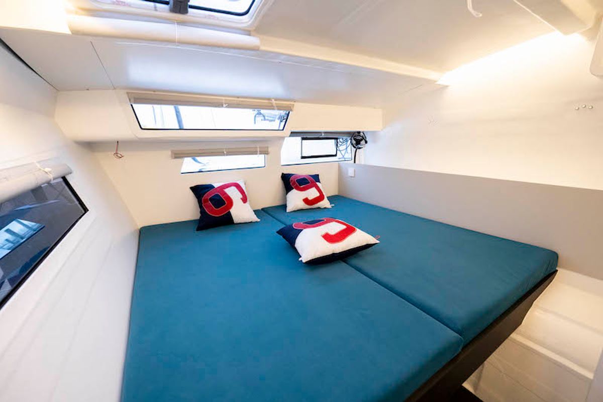 Cabin on Avel Vaez, a Marsaudon Composites ORC 57 catamaran at Lavreotiki Municipal Unit, Greece