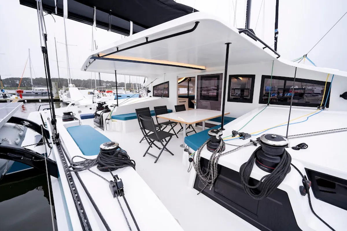 Deck of Avel Vaez, a Marsaudon Composites ORC 57 catamaran at Lavreotiki Municipal Unit, Greece