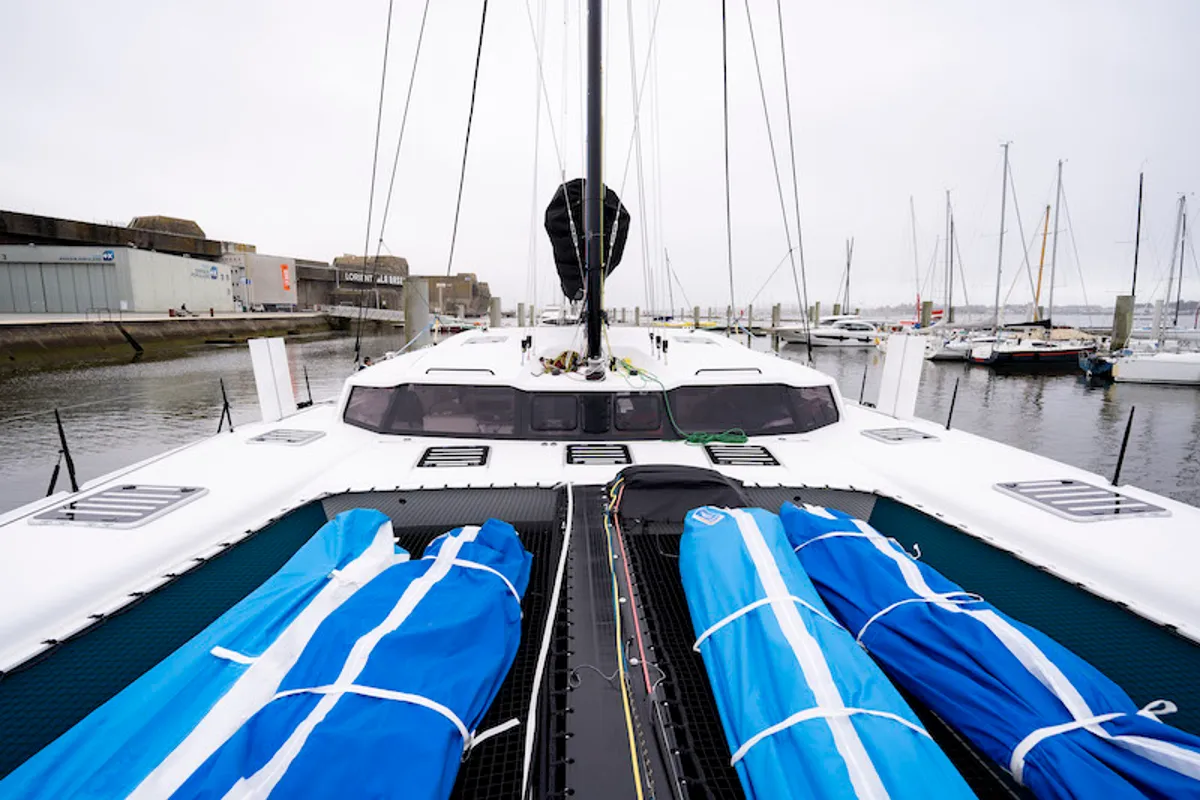 Deck of Avel Vaez, a Marsaudon Composites ORC 57 catamaran at Lavreotiki Municipal Unit, Greece