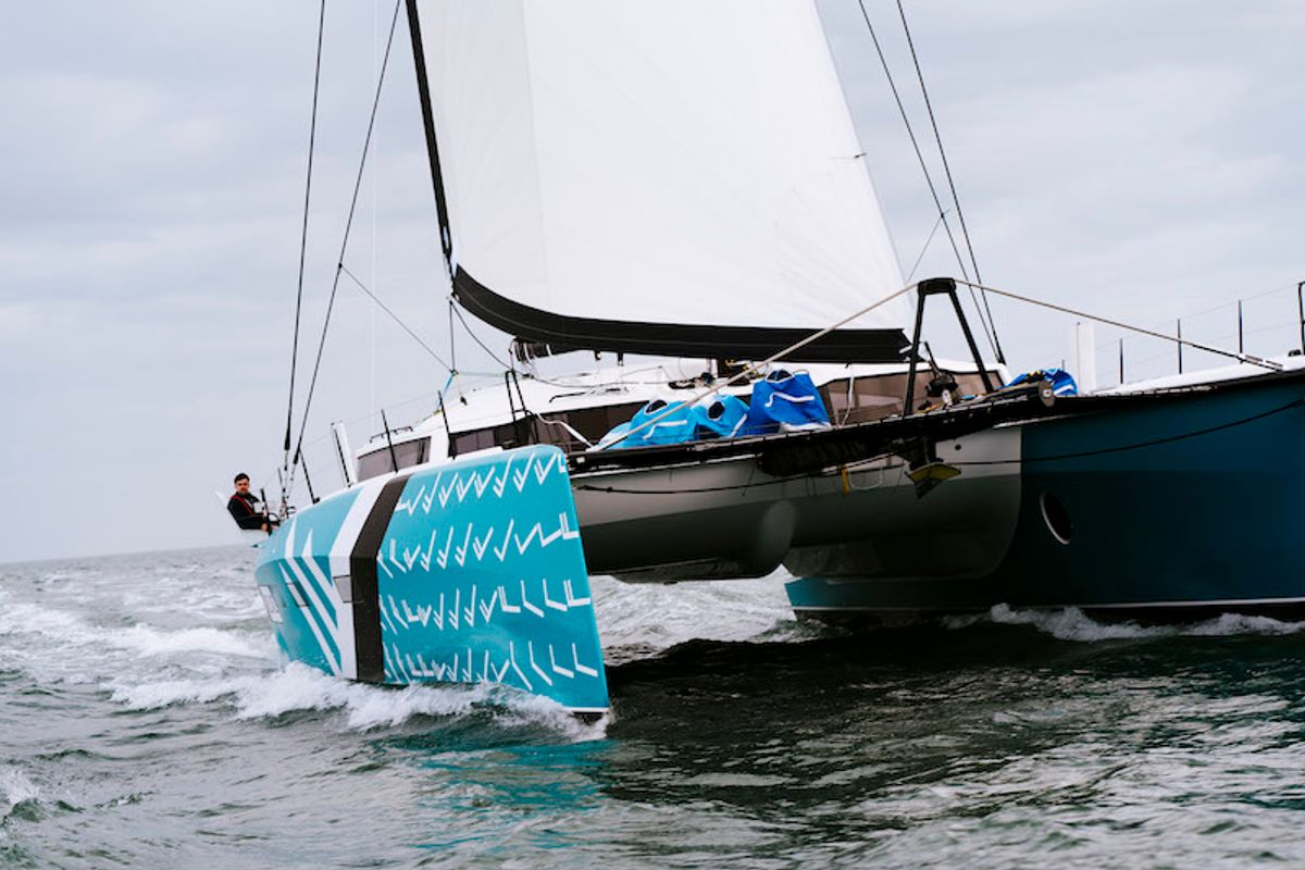 Exterior view of Avel Vaez, a Marsaudon Composites ORC 57 catamaran at Lavreotiki Municipal Unit, Greece