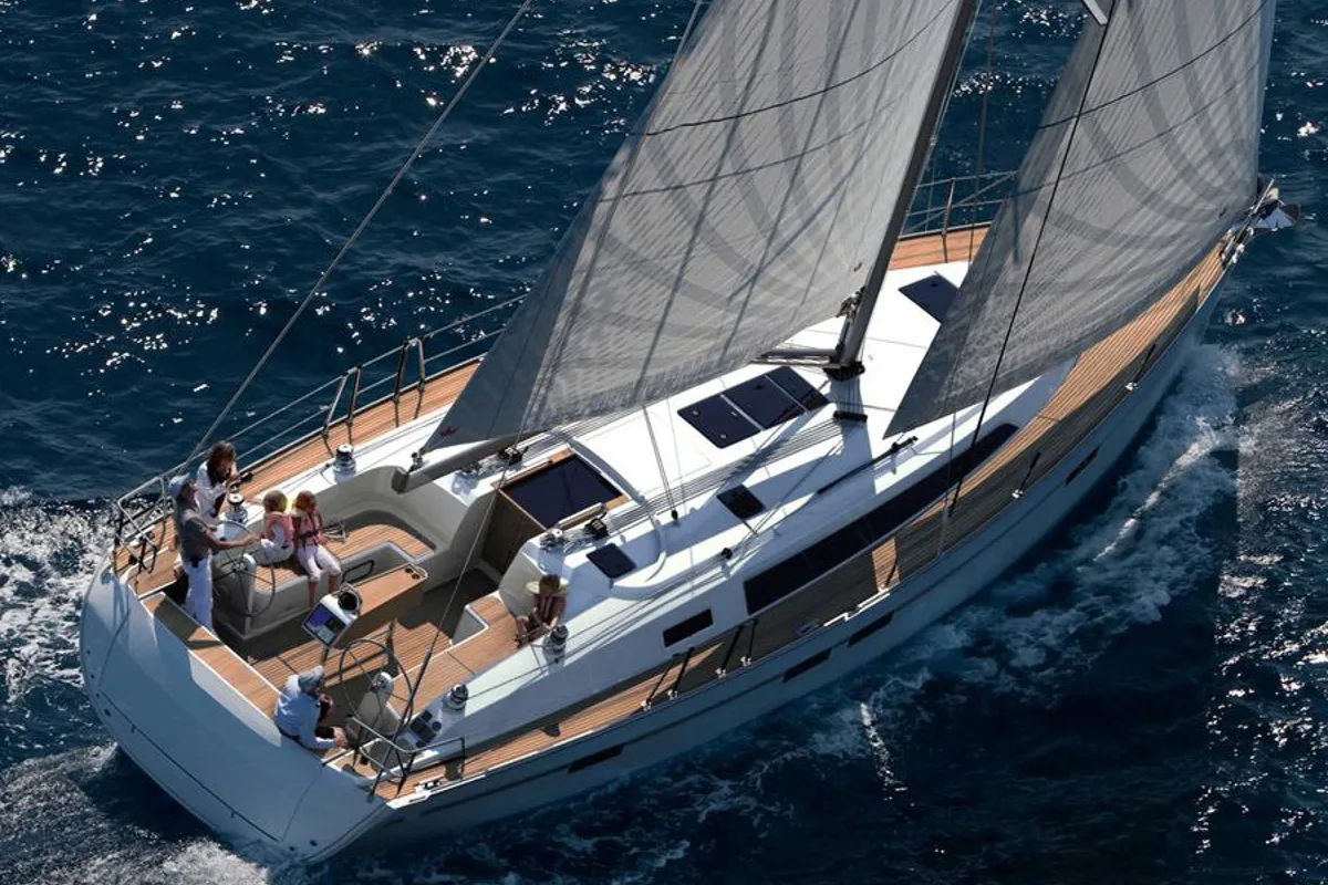 Exterior view of Miber Yigit, a Bavaria Cruiser 46 sailboat at Fethiye, Turkey