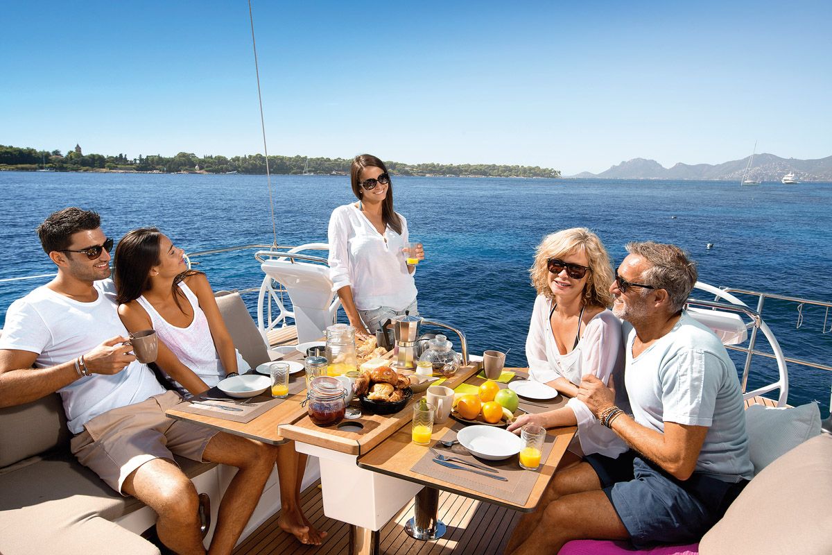 Deck of Miber Yigit, a Bavaria Cruiser 46 sailboat at Fethiye, Turkey