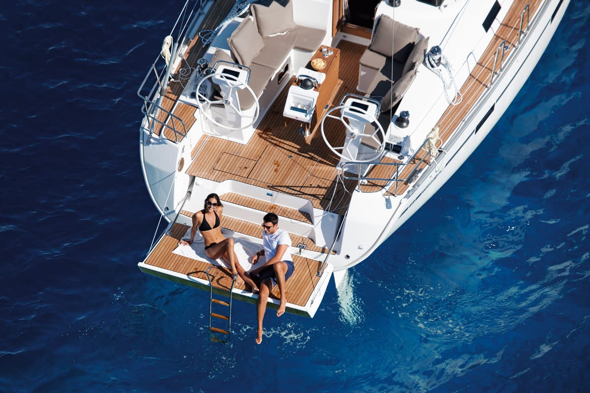 Deck of Miber Yigit, a Bavaria Cruiser 46 sailboat at Fethiye, Turkey