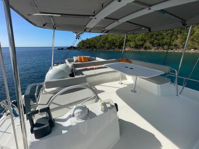 Cockpit of Vitamine, a Bali 4.8 catamaran at Capo d'Orlando, Italy