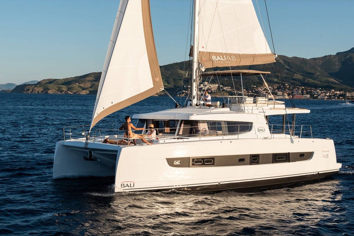 Exterior view of Vitamine, a Bali 4.8 catamaran at Capo d'Orlando, Italy