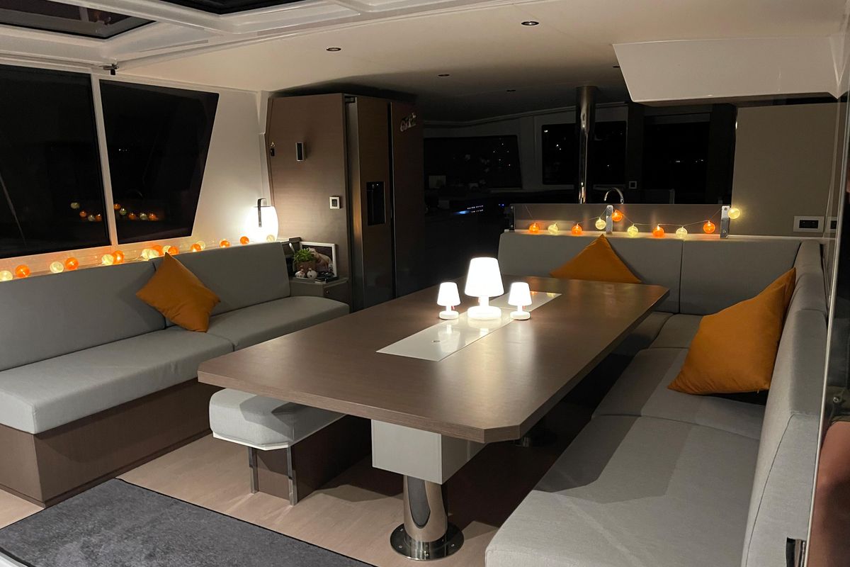 Salon of Vitamine, a Bali 4.8 catamaran at Capo d'Orlando, Italy