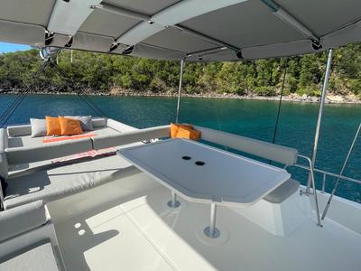 Deck of Vitamine, a Bali 4.8 catamaran at Capo d'Orlando, Italy