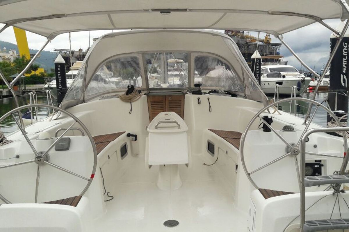 Cockpit of Bycangra, a Beneteau Cyclades 50.4 sailboat at Angra dos Reis, Brazil