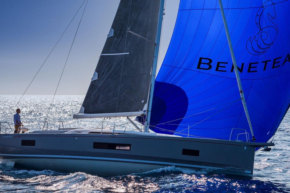 Exterior view of Gkilia Mare, a Beneteau Oceanis 46.1 sailboat at Athens, Greece