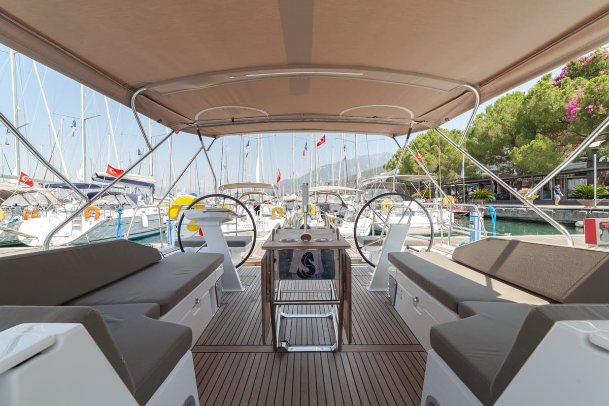 Cockpit of Sail Delta, a Beneteau Oceanis 46.1 sailboat at Marmaris, Turkey