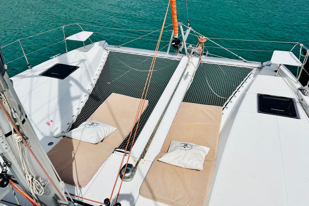 Deck of OLOKUM Mallorca BAREBOAT, a Excess 11 catamaran at Port d'Andratx, Spain