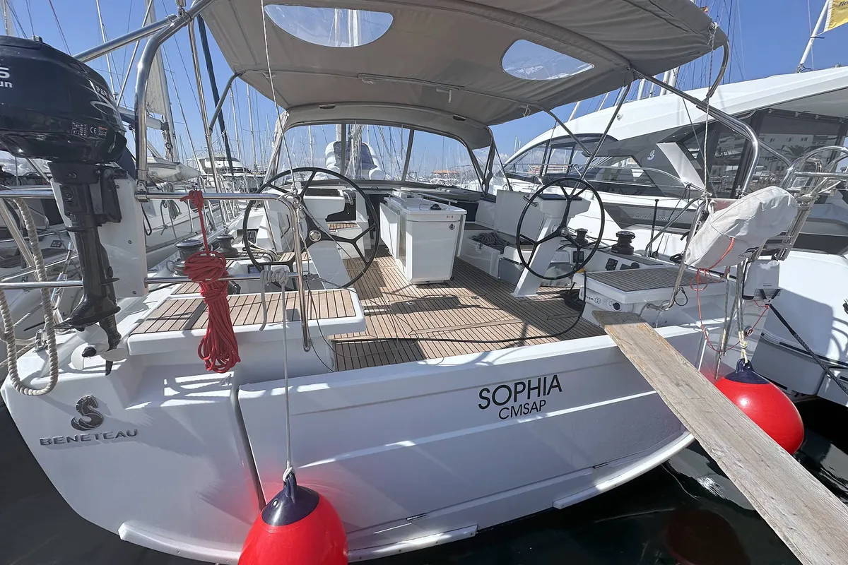 Cockpit of Sophia, a Beneteau Oceanis 46.1 sailboat at Palma de Mallorca, Spain