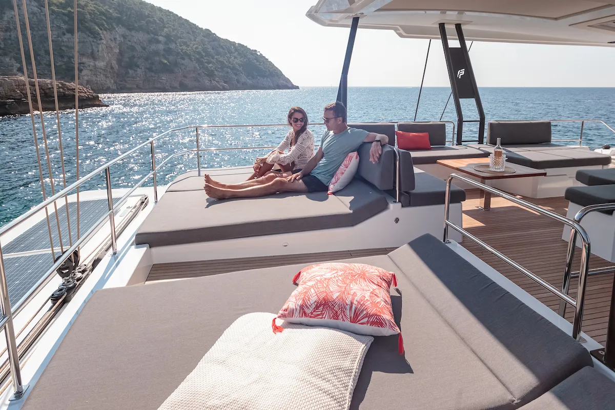 Deck of OKINAWA, a Fountaine Pajot Samana 59 catamaran at Marina port de Lonvilliers, France