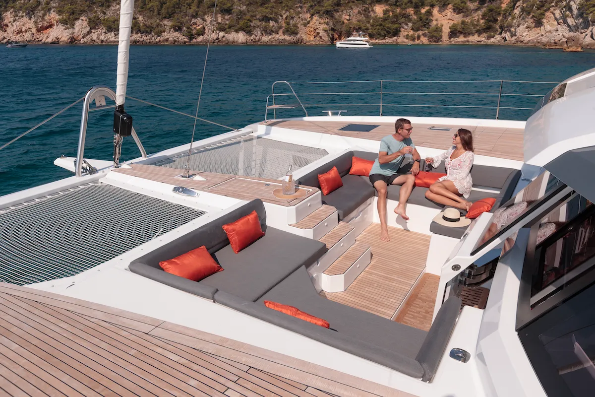 Deck of OKINAWA, a Fountaine Pajot Samana 59 catamaran at Marina port de Lonvilliers, France