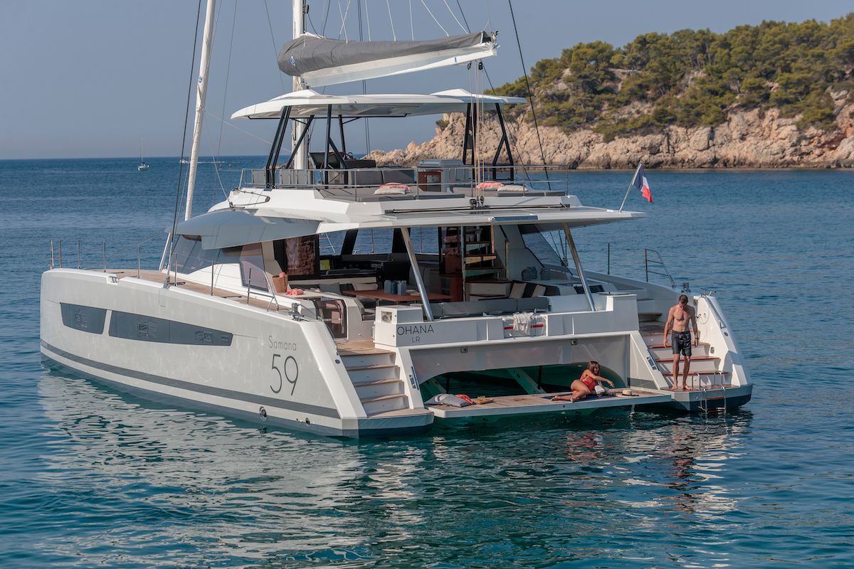 Exterior view of OKINAWA, a Fountaine Pajot Samana 59 catamaran at Marina port de Lonvilliers, France