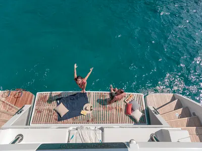 Deck of OKINAWA, a Fountaine Pajot Samana 59 catamaran at Marina port de Lonvilliers, France