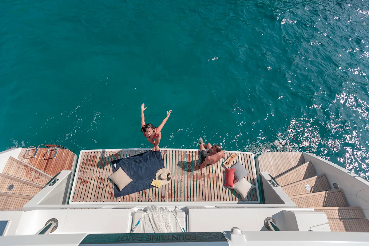 Deck of OKINAWA, a Fountaine Pajot Samana 59 catamaran at Marina port de Lonvilliers, France