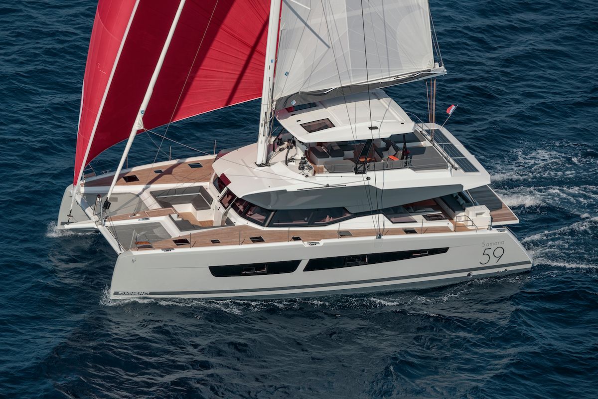 Exterior view of OKINAWA, a Fountaine Pajot Samana 59 catamaran at Marina port de Lonvilliers, France