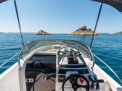 Cockpit of Ranieri 21, a Gulet Voyager 21 motorboat at Grad Trogir, Croatia