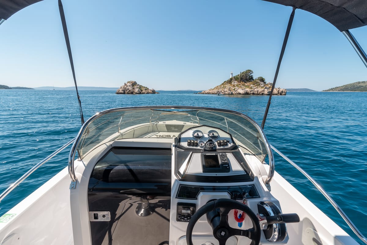 Cockpit of Ranieri 21, a Gulet Voyager 21 motorboat at Grad Trogir, Croatia