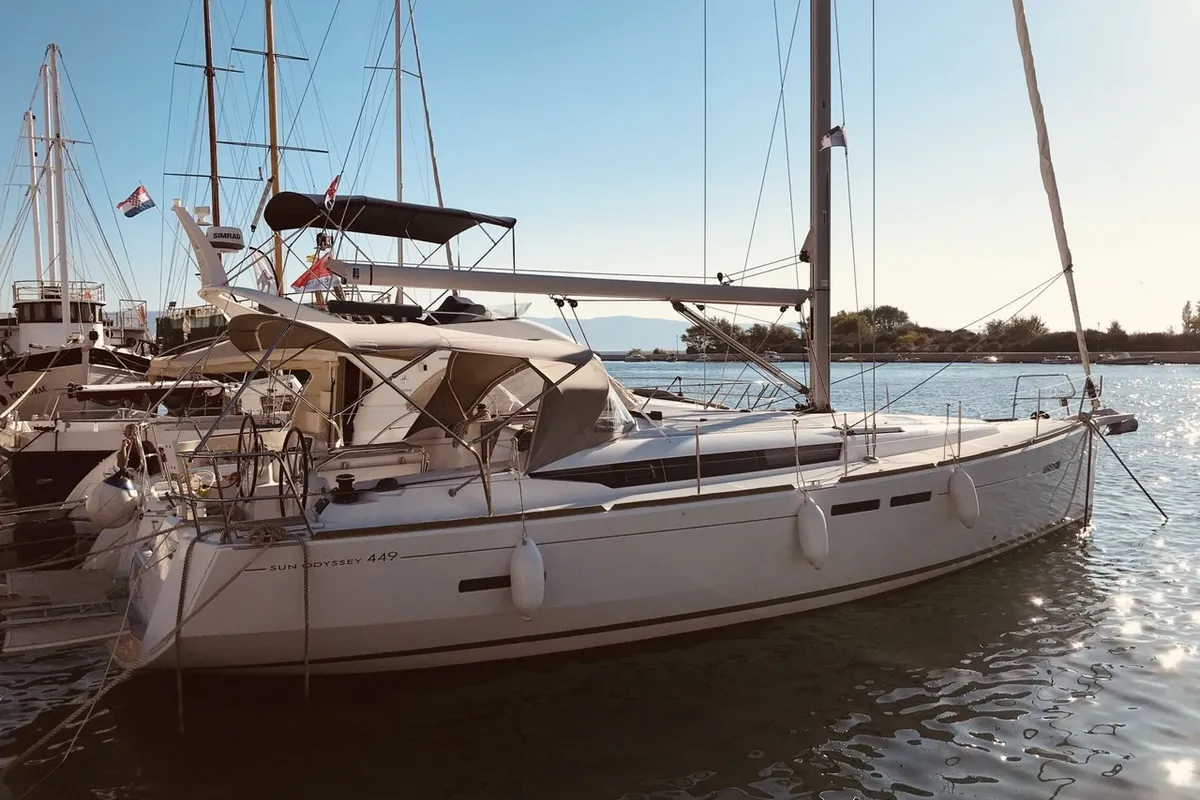 Exterior view of Winx, a Jeanneau Sun Odyssey 449 sailboat at Grad Šibenik, Croatia