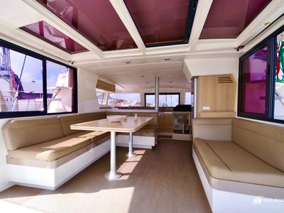 Salon of Enya, a Bali 4.1 catamaran at Cannigione, Italy