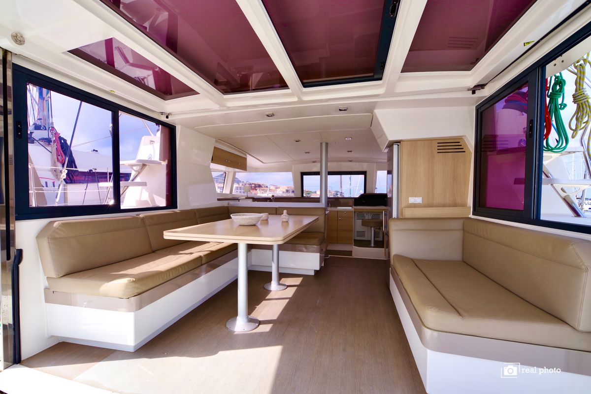 Salon of Enya, a Bali 4.1 catamaran at Cannigione, Italy
