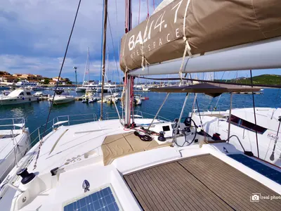 Deck of Enya, a Bali 4.1 catamaran at Cannigione, Italy