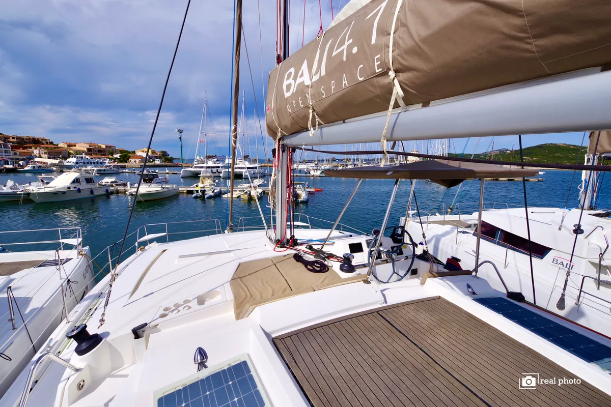 Deck of Enya, a Bali 4.1 catamaran at Cannigione, Italy